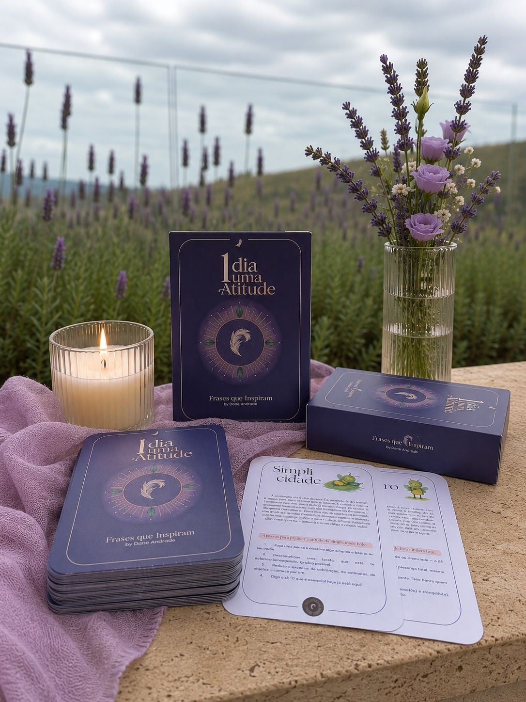 Baralho 1 Dia, Uma Atitude entre lavandas, com vela acesa e cartas abertas mostrando o tema Simplicidade