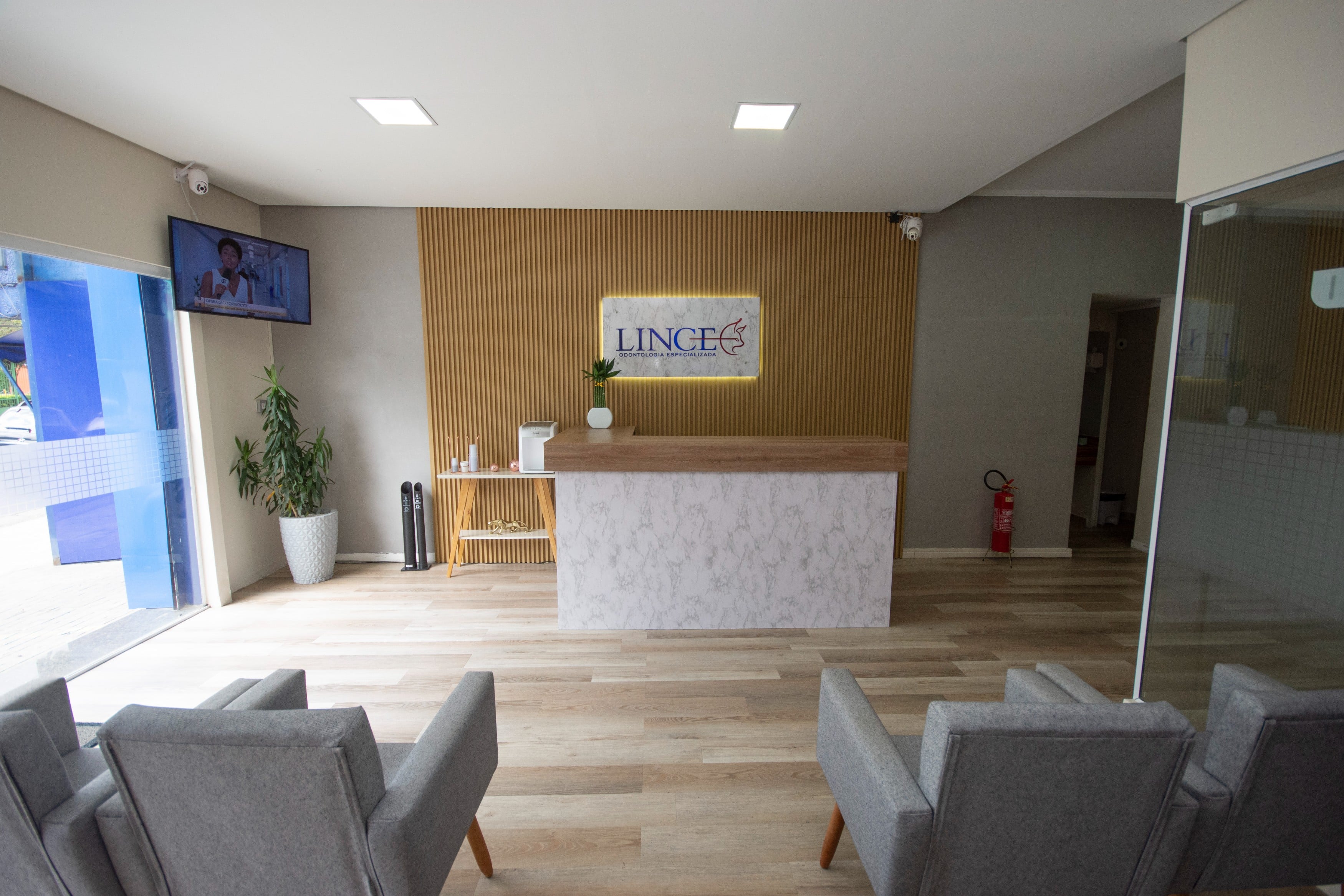 Recepção e sala de espera da Lince Odontologia — ambiente moderno e acolhedor