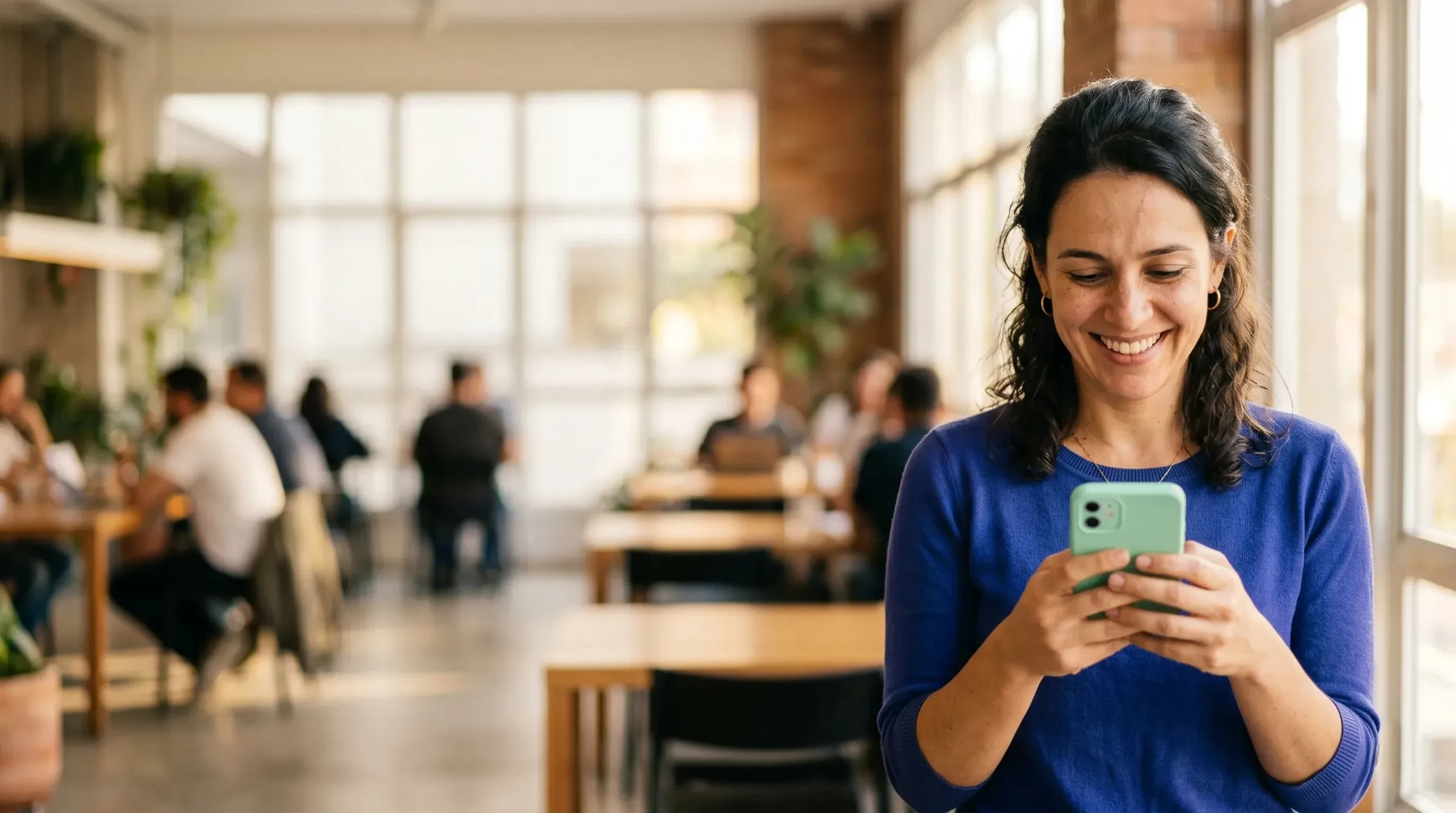 Mulher sorrindo ao usar o celular para simular um empréstimo da DM em um ambiente moderno