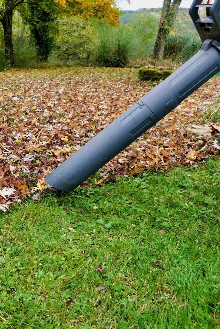 Leaf blower clearing fall leaves from a lawn