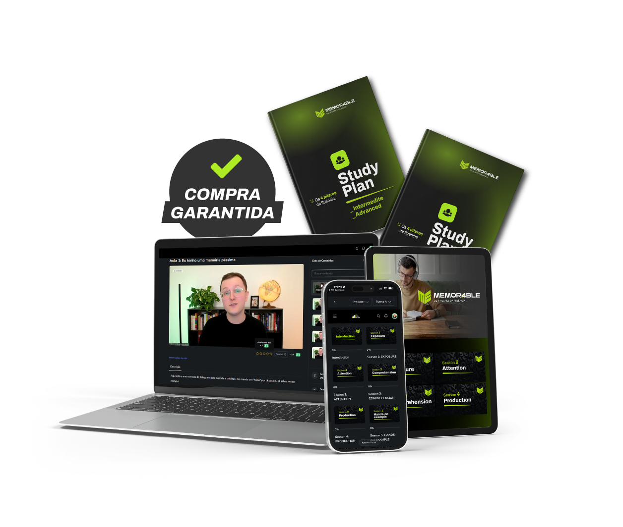 Área de membros, aulas e Study Plan do Memorable em notebook, tablet e celular