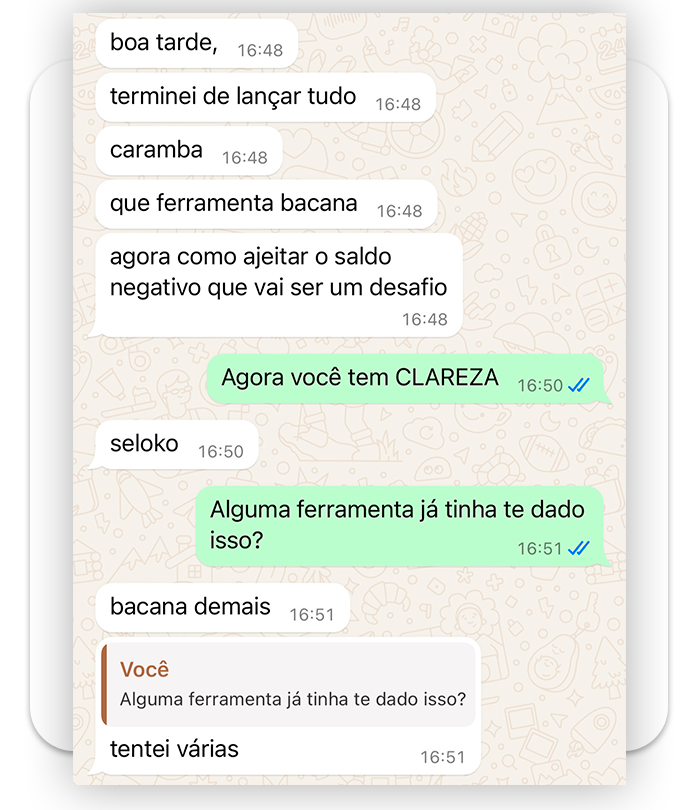 Print de conversa no WhatsApp: aluno diz que terminou de lançar tudo e comenta 'que ferramenta bacana', 'bacana demais' e que já tinha tentado várias