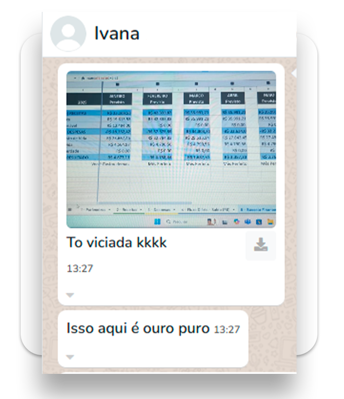 Print de conversa no WhatsApp: a aluna Ivana envia foto da projeção do ano na planilha e escreve 'tô viciada' e 'isso aqui é ouro puro'