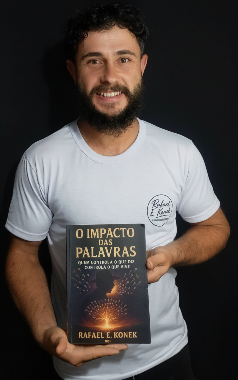 Rafael E. Konek com o livro O Impacto das Palavras em mãos