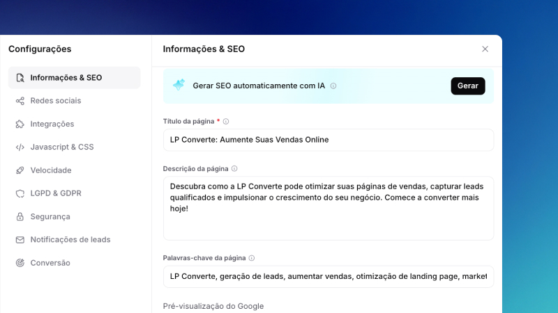 Great AI sugerindo estrutura, textos e ajustes de SEO