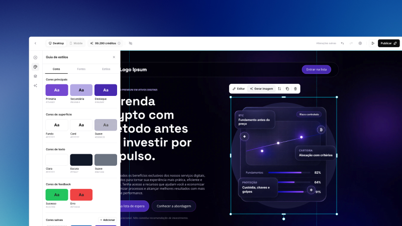 Painel de criação de site do GreatPages
