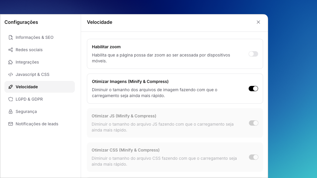 Opção de compressão automática de imagens no GreatPages