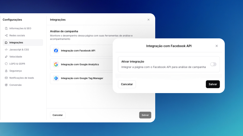 Tela de integração do pixel no GreatPages