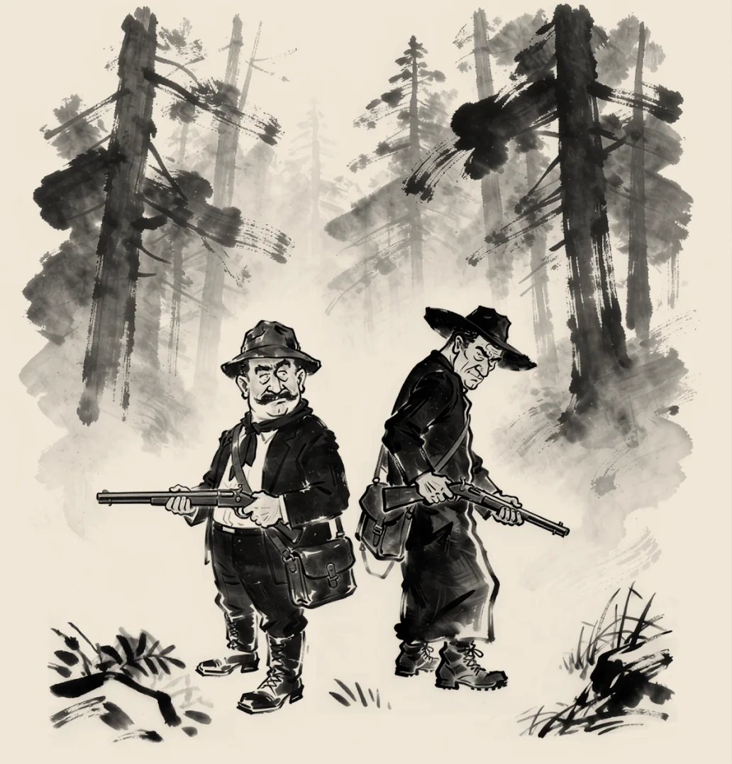 Ilustração de Dom Camilo e Peppone caminhando na floresta