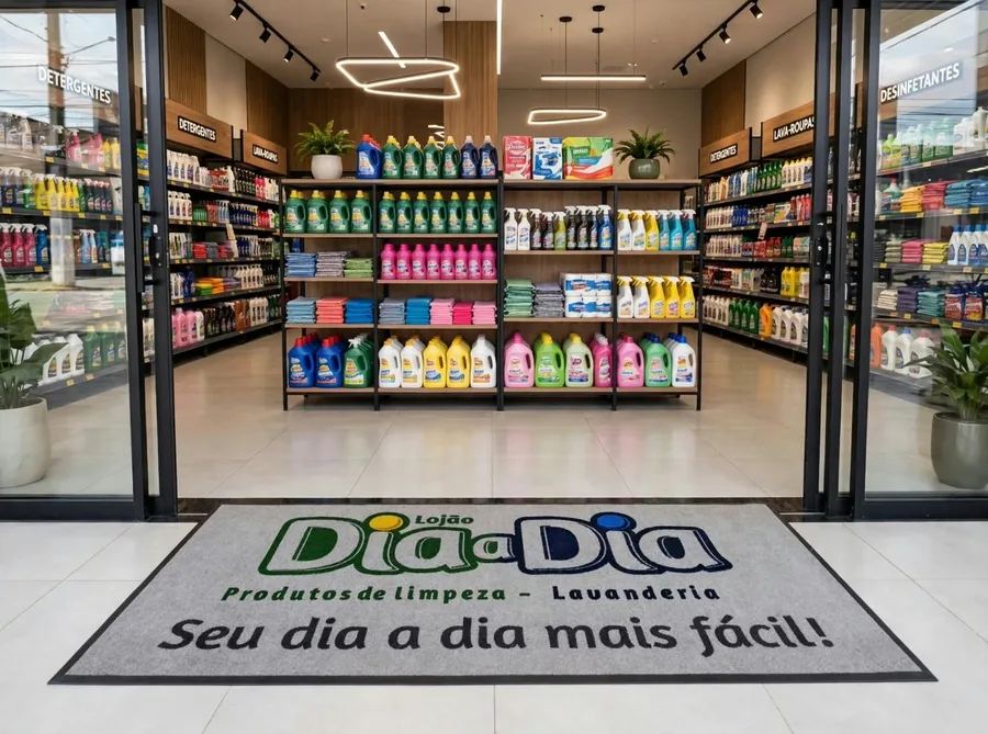 Entrada do Lojão Dia a Dia com o tapete da loja e prateleiras de produtos de limpeza