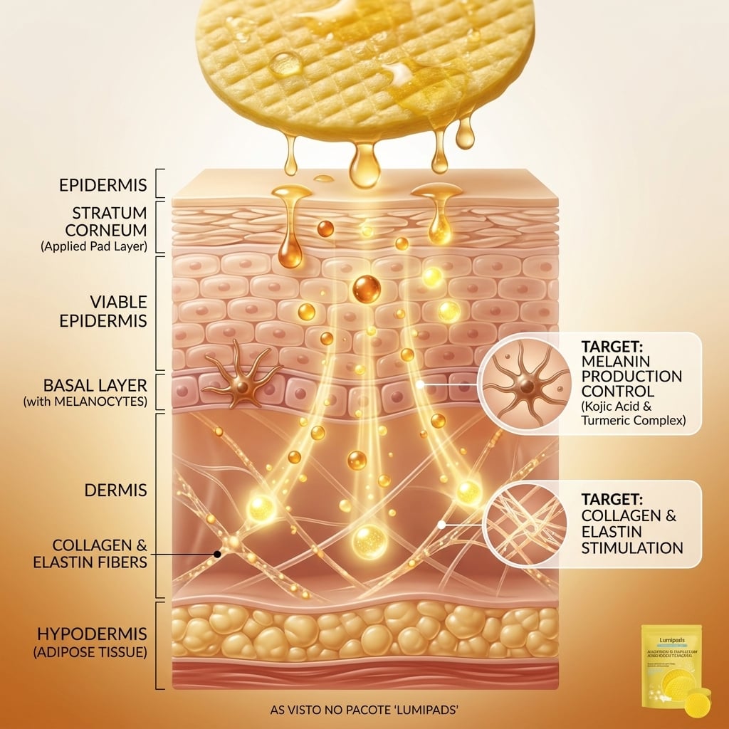 Como os ativos do LumiPads agem nas camadas da pele para controlar a produção de melanina