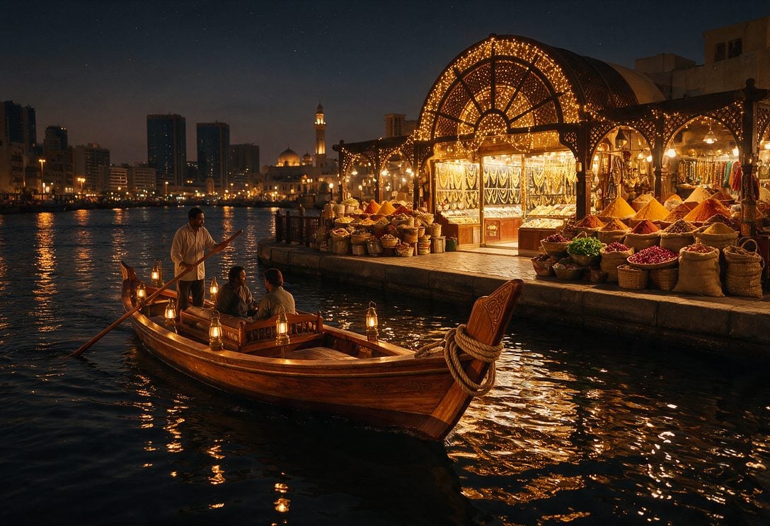 Travessia de abra pelo Creek e os souks de Dubai