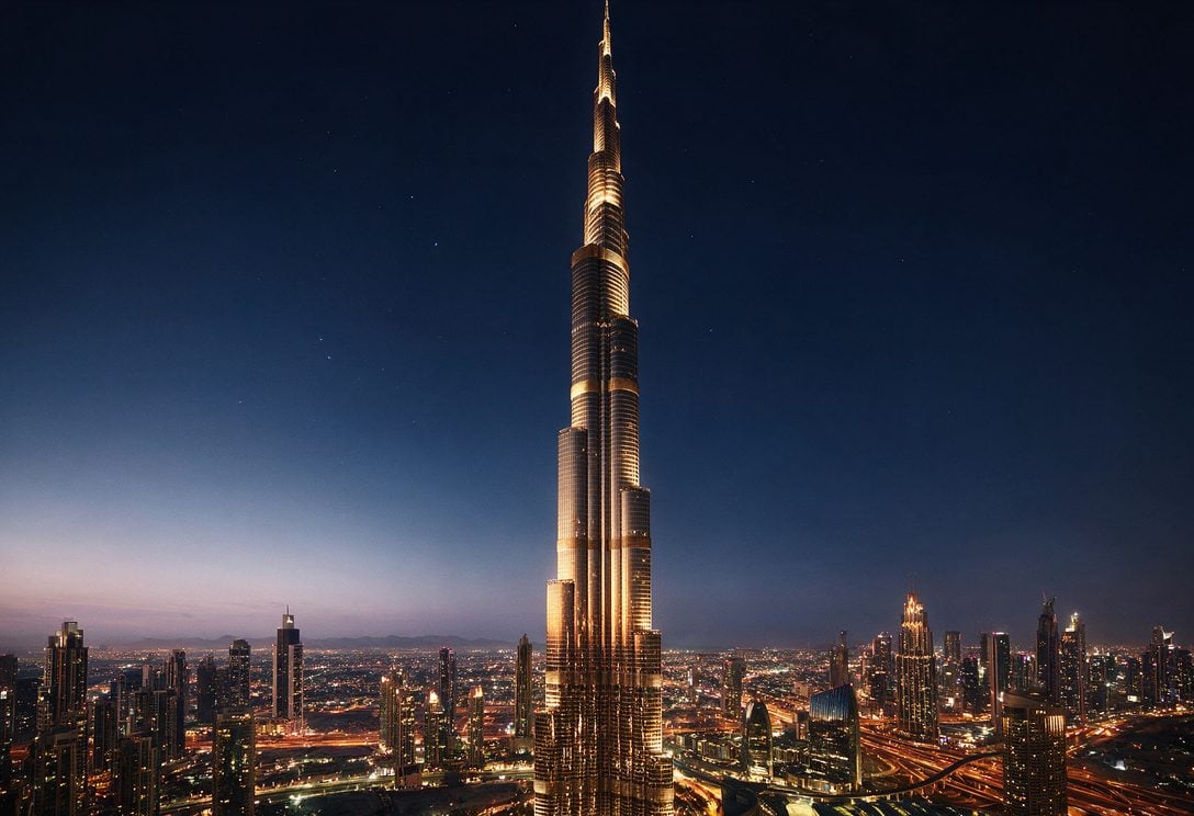 Burj Khalifa visto de baixo ao anoitecer