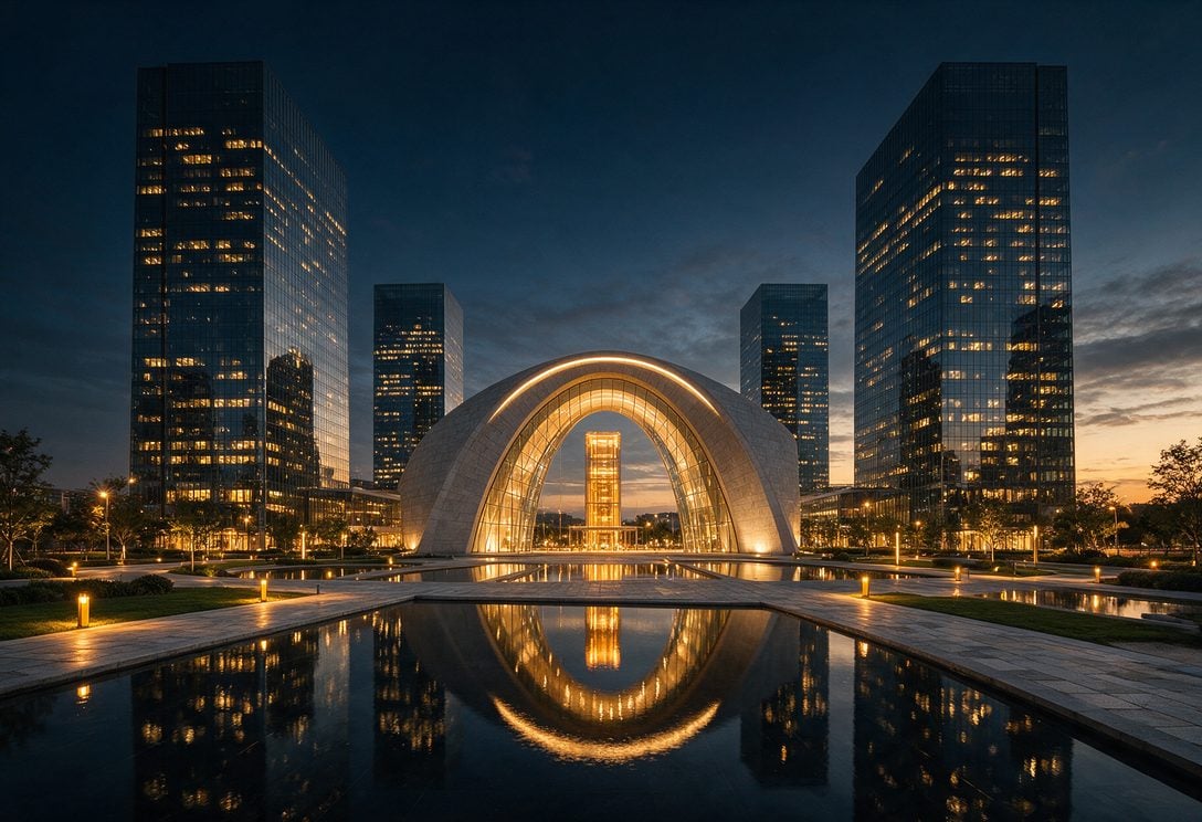 Distrito financeiro de Dubai ao entardecer