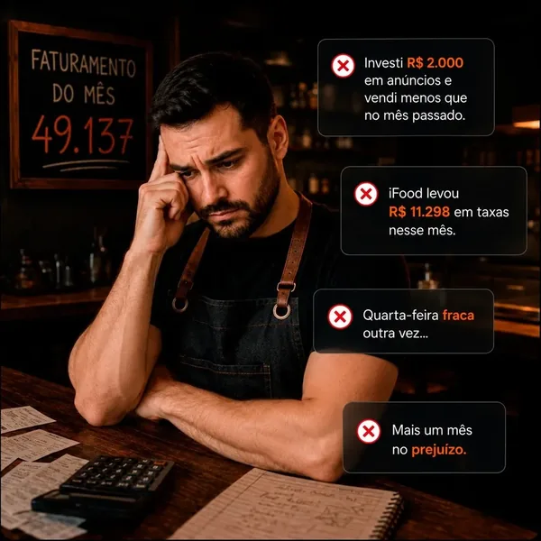 Dono de delivery preocupado olhando o faturamento do mês, com alertas de gastos com anúncios, taxas do iFood e prejuízo