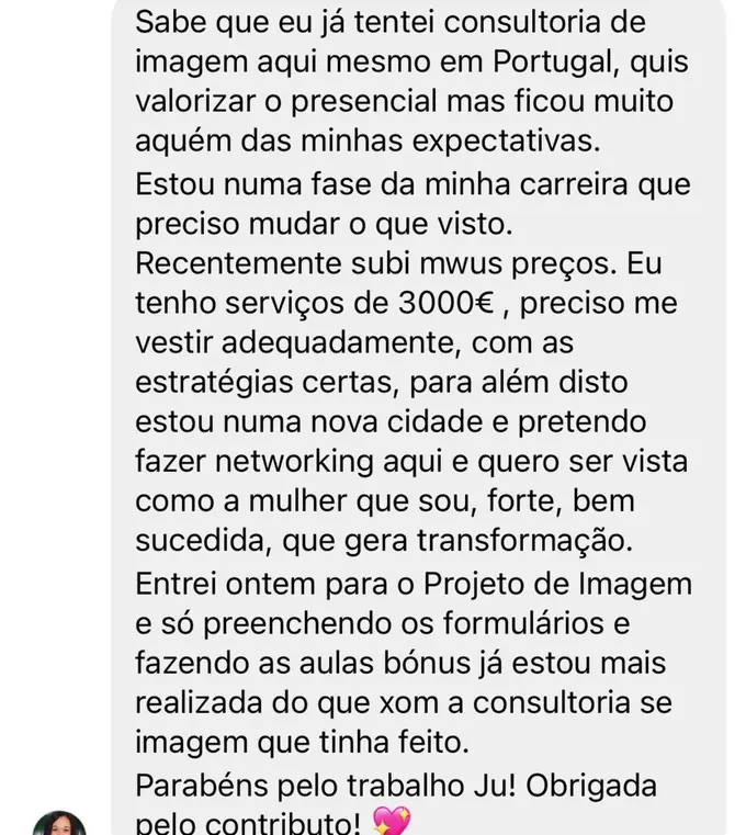 Depoimento: cliente de Portugal compara com uma consultoria presencial que fez e diz que o Projeto de Imagem superou