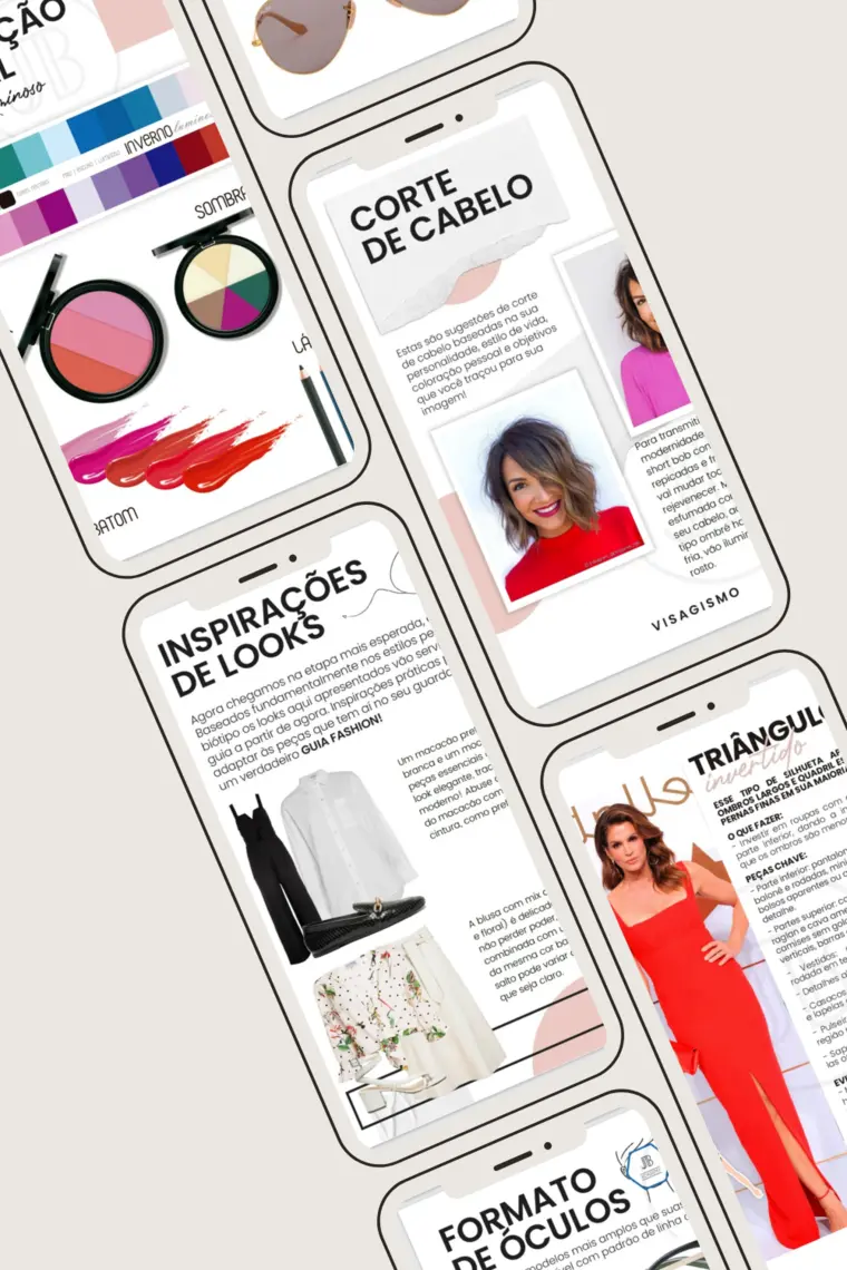 Páginas do Projeto de Imagem no celular: coloração pessoal, corte de cabelo, inspirações de looks e formato de corpo