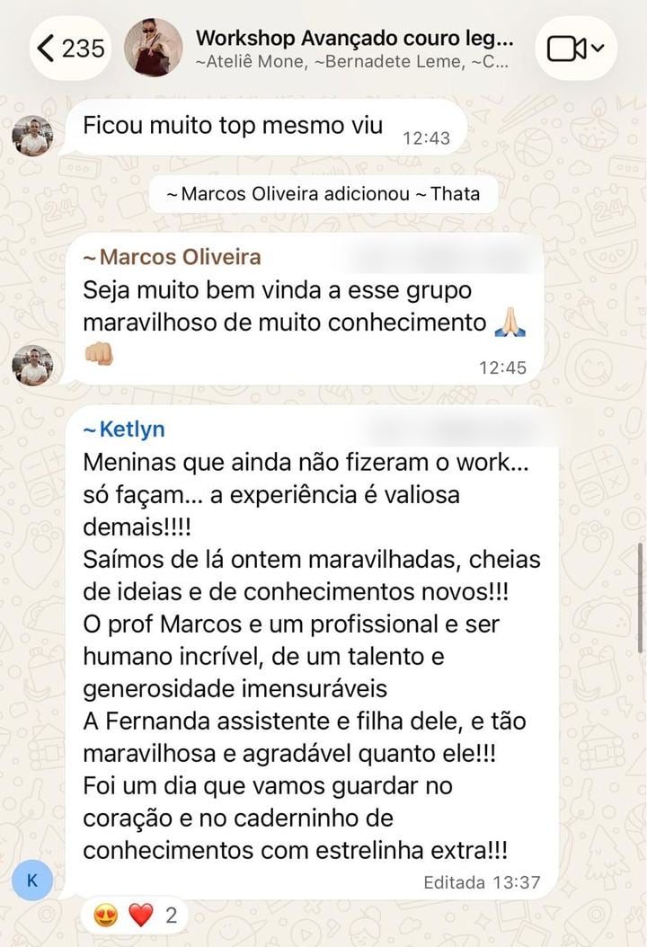 Print de depoimentos no WhatsApp de Ketlyn e outras alunas do grupo