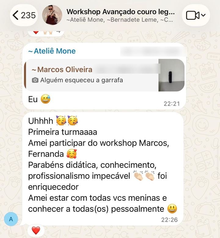 Print de depoimento no WhatsApp da aluna do Ateliê Mone