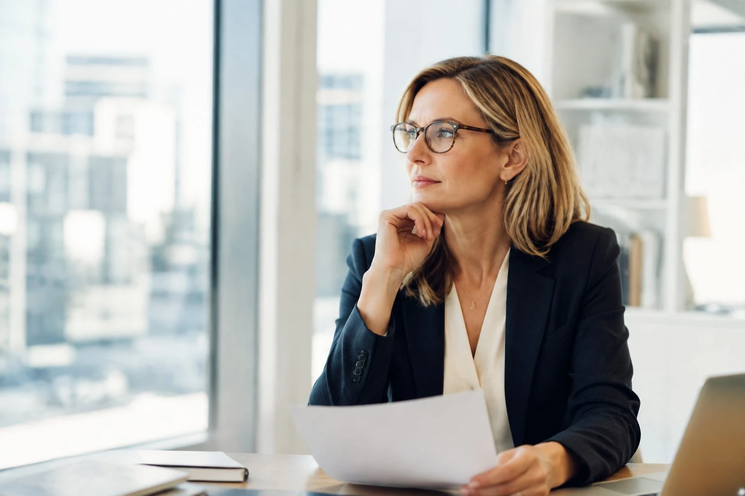 Executiva analisando um relatório em um escritório corporativo