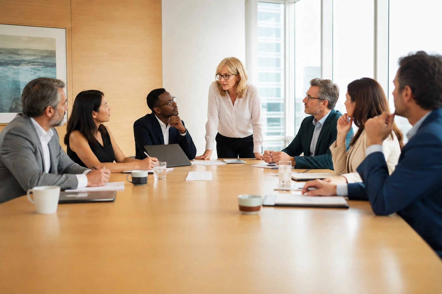 Reunião de executivos ao redor de uma mesa de diretoria