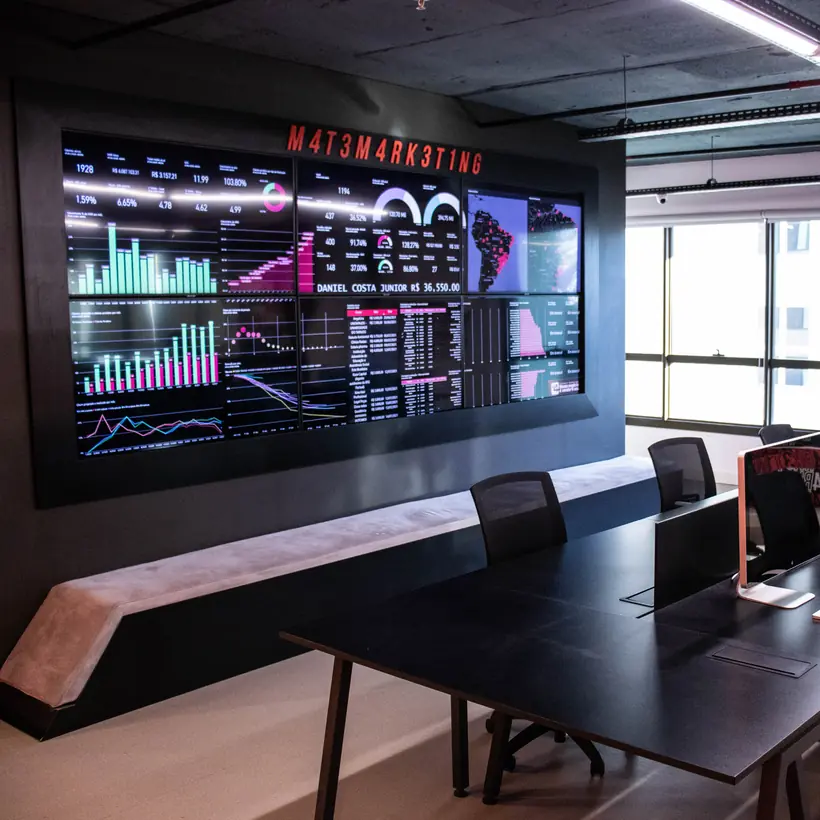 Painel de dashboards no escritório da V4