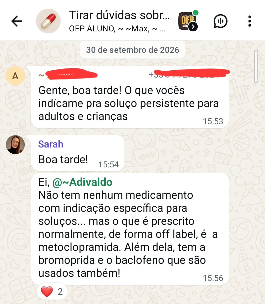 Exemplo real de pergunta de aluno e resposta de Sarah Faria no grupo de dúvidas do OFP