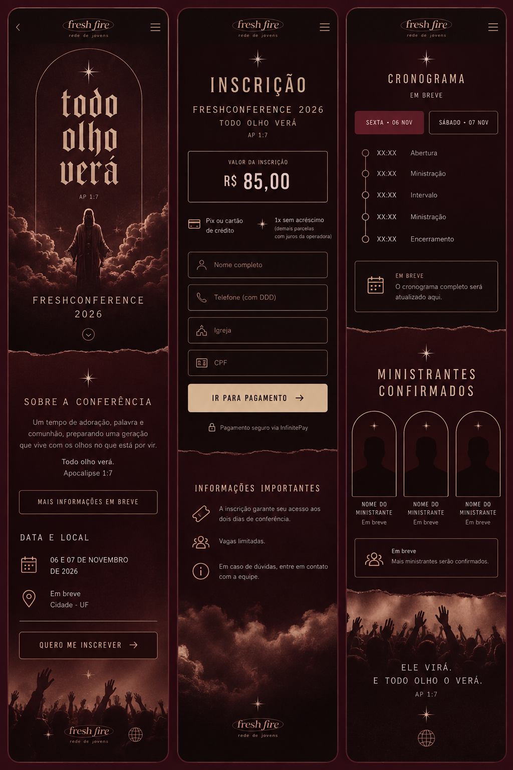 Todo olho verá — Apocalipse 1:7. Arte da conferência com Jesus entre nuvens, em tons vinho e dourado.