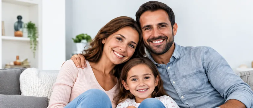 Casal com a filha sorrindo juntos no sofá de casa