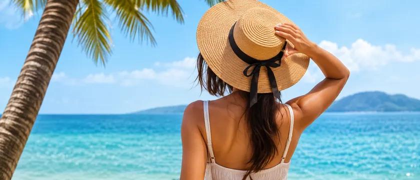 Mulher de chapéu de palha olhando o mar em uma praia
