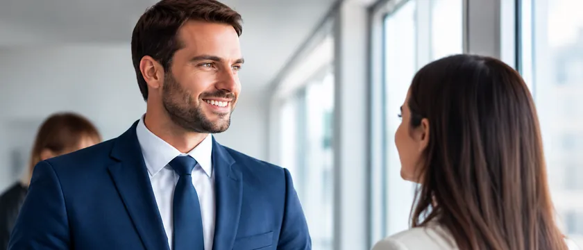 Profissional sorrindo em conversa no escritório