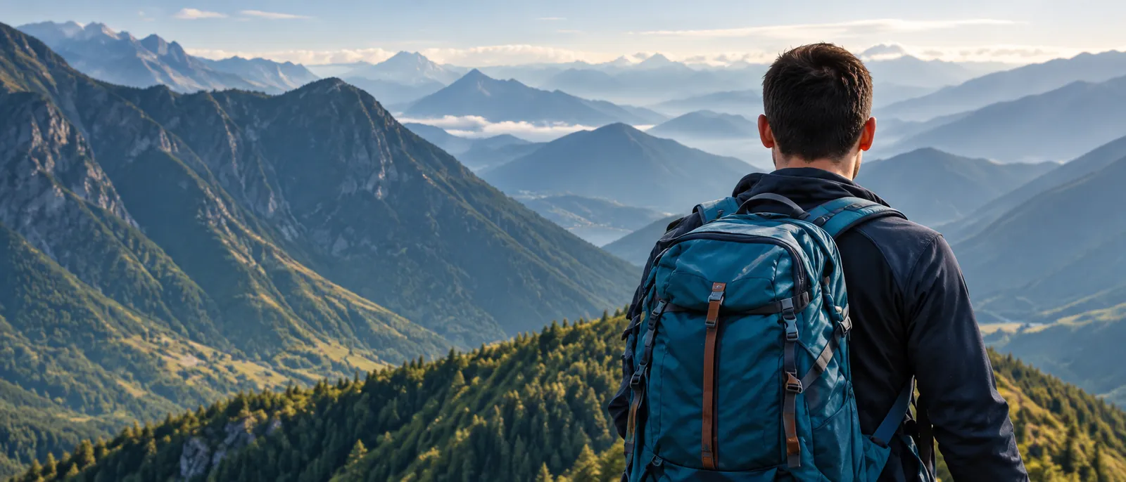 Homem com mochila contemplando uma paisagem de montanhas