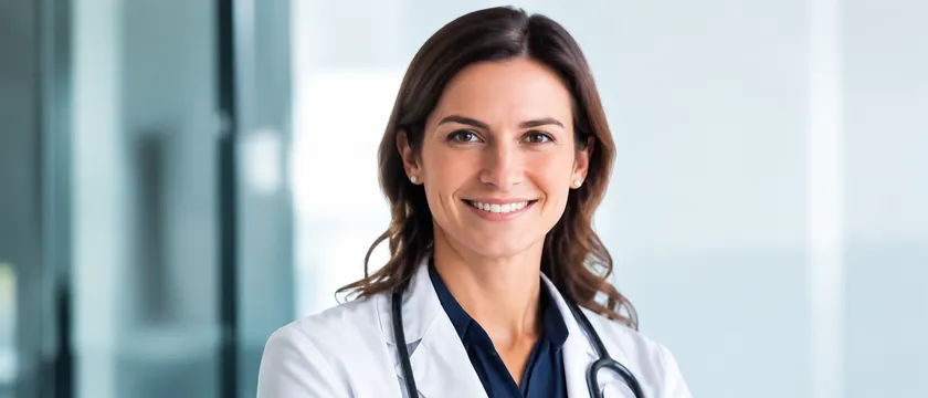 Médica de jaleco e estetoscópio sorrindo