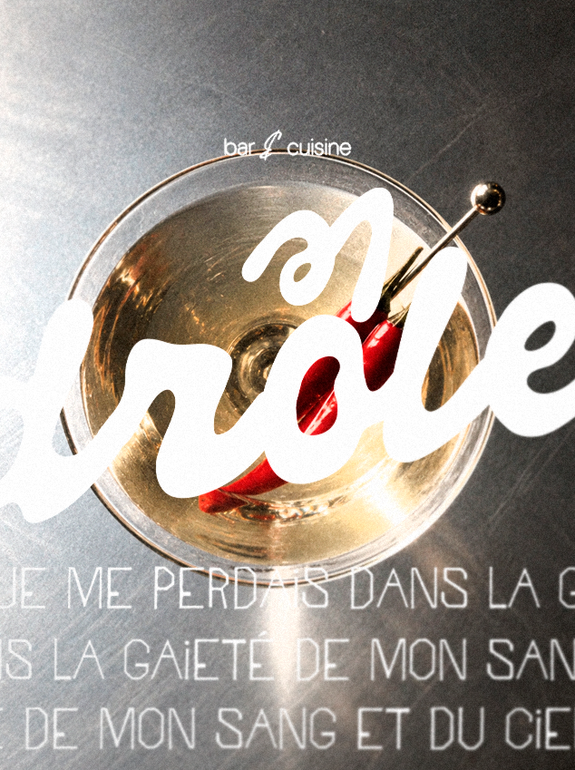 Drôle — drink com logotipo e poema