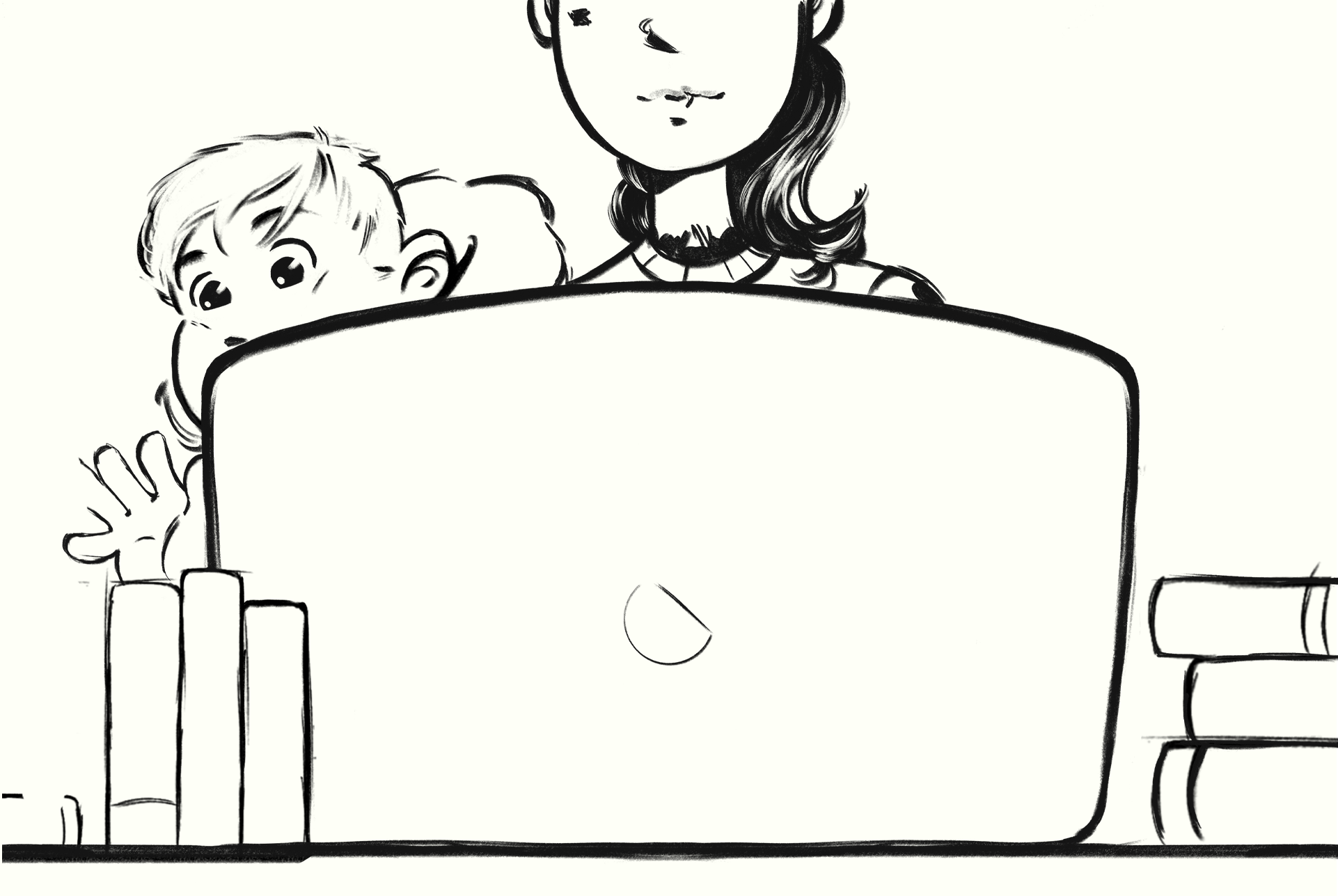 Ilustração de uma mãe segurando o filho no colo, apoiados em uma pilha de livros