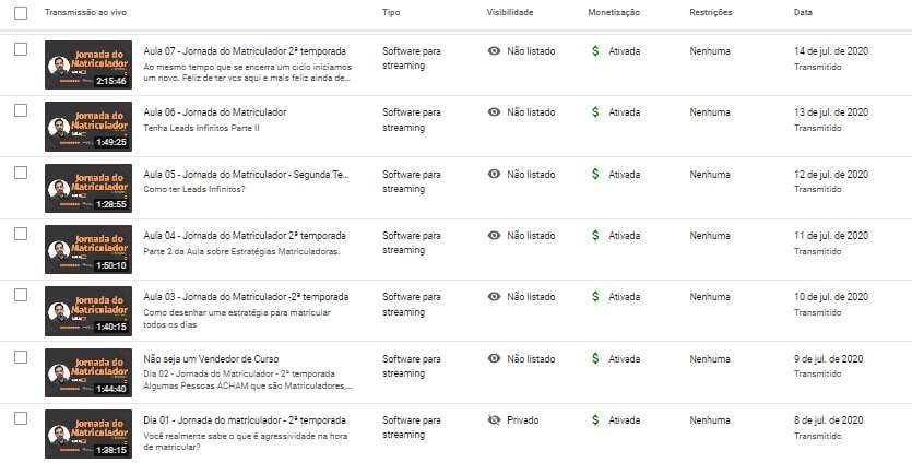 Transmissões da 2ª temporada da Jornada do Matriculador, de 8 a 14 de julho de 2020