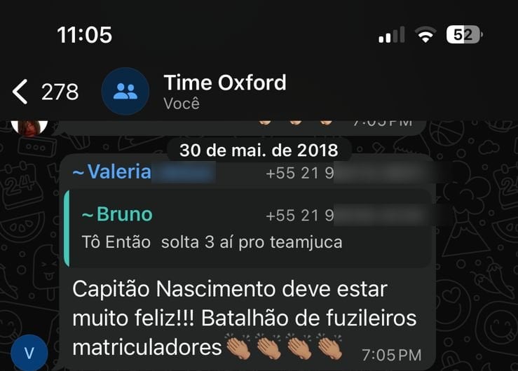 Mensagem de 30 de maio de 2018 em grupo de WhatsApp: Batalhão de fuzileiros matriculadores