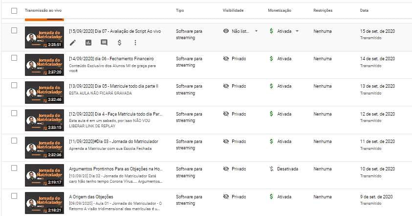 Transmissões da 3ª Jornada do Matriculador, de 9 a 15 de setembro de 2020