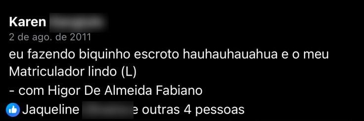 Publicação no Facebook de 2 de agosto de 2011 chamando Higor Fabiano de Matriculador