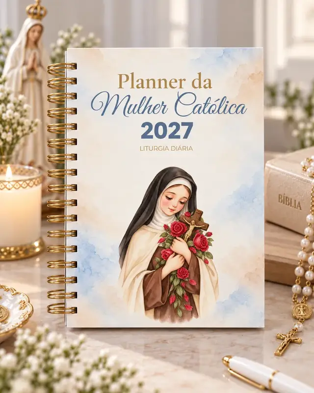 Planner Liturgia Diária 2027 com a capa de Santa Teresinha