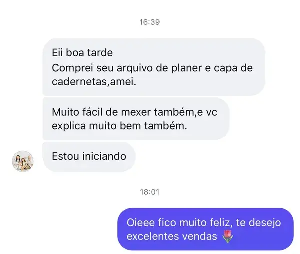 Mensagem: Comprei seu arquivo de planer e capa de cadernetas, amei. Muito fácil de mexer também, e vc explica muito bem