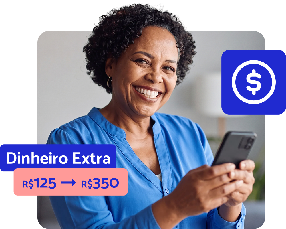 Mulher sorrindo usando o app DM no celular, com destaque para Dinheiro Extra de R$125 até R$350