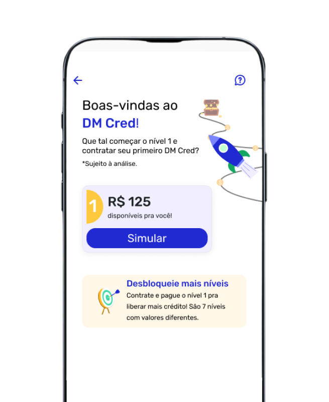 Tela de boas-vindas ao DM Cred, com botão para simular