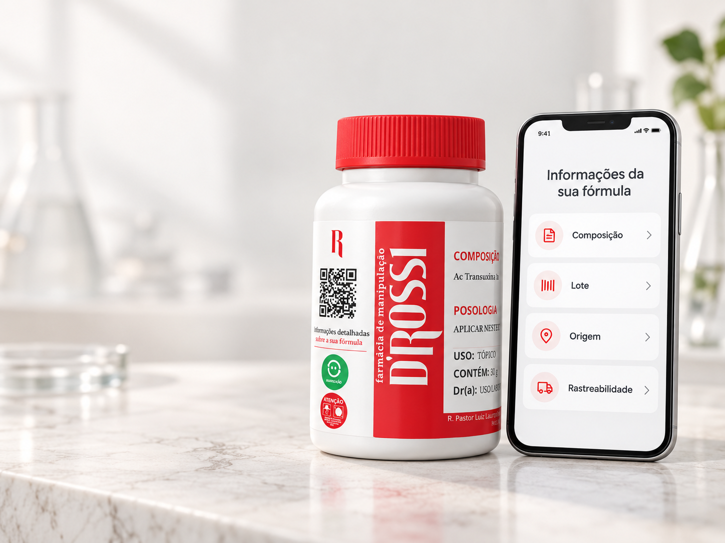 Frasco D’Rossi com QR Code ao lado de smartphone exibindo informações da fórmula
