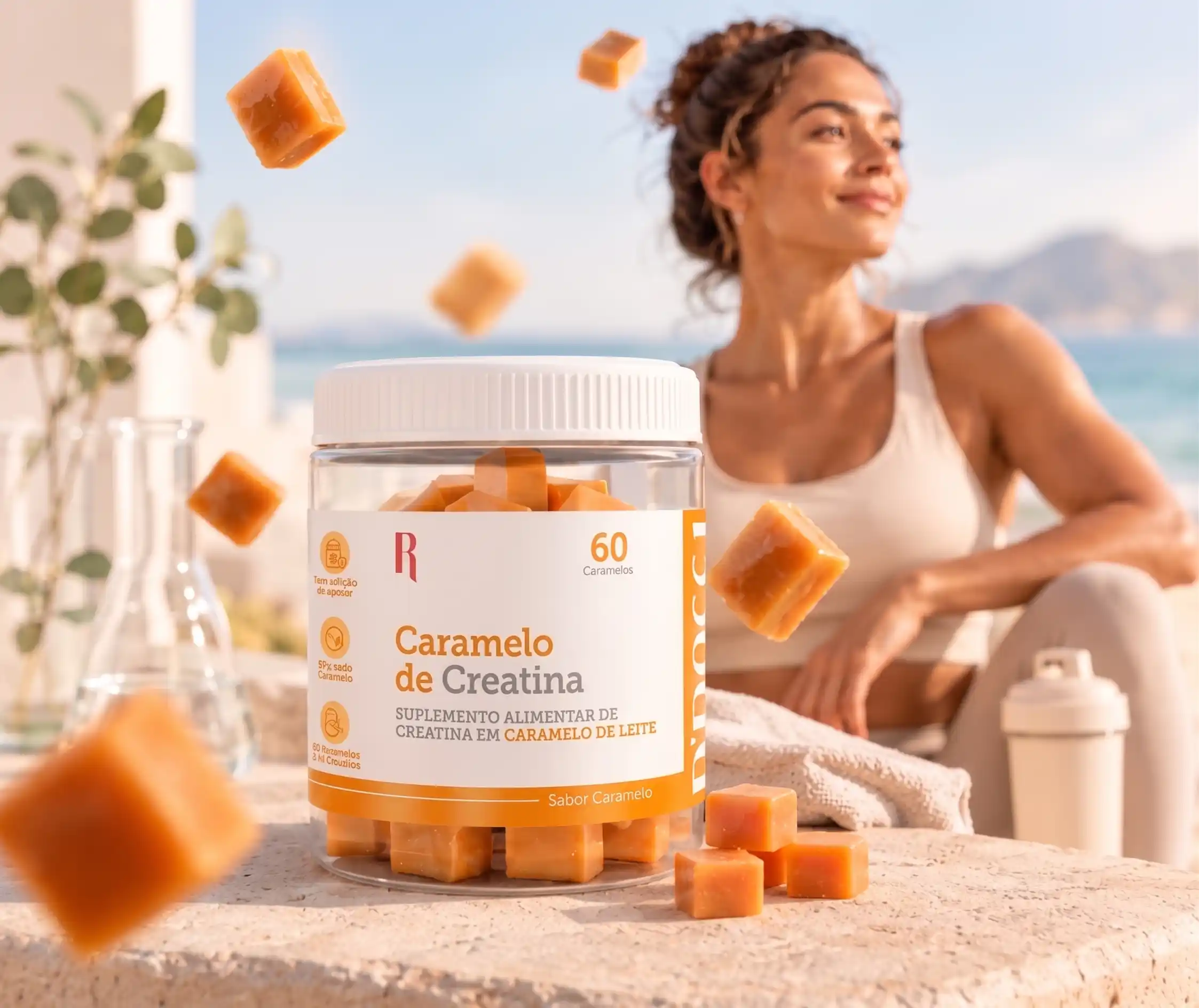 Caramelo de Creatina D’Rossi em composição lifestyle