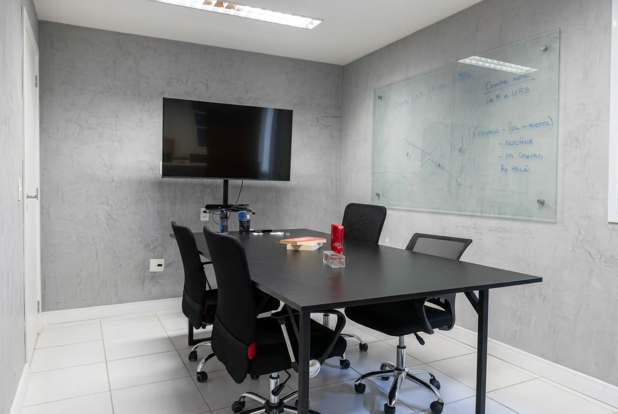 Sala de reunião com mesa, cadeiras e TV