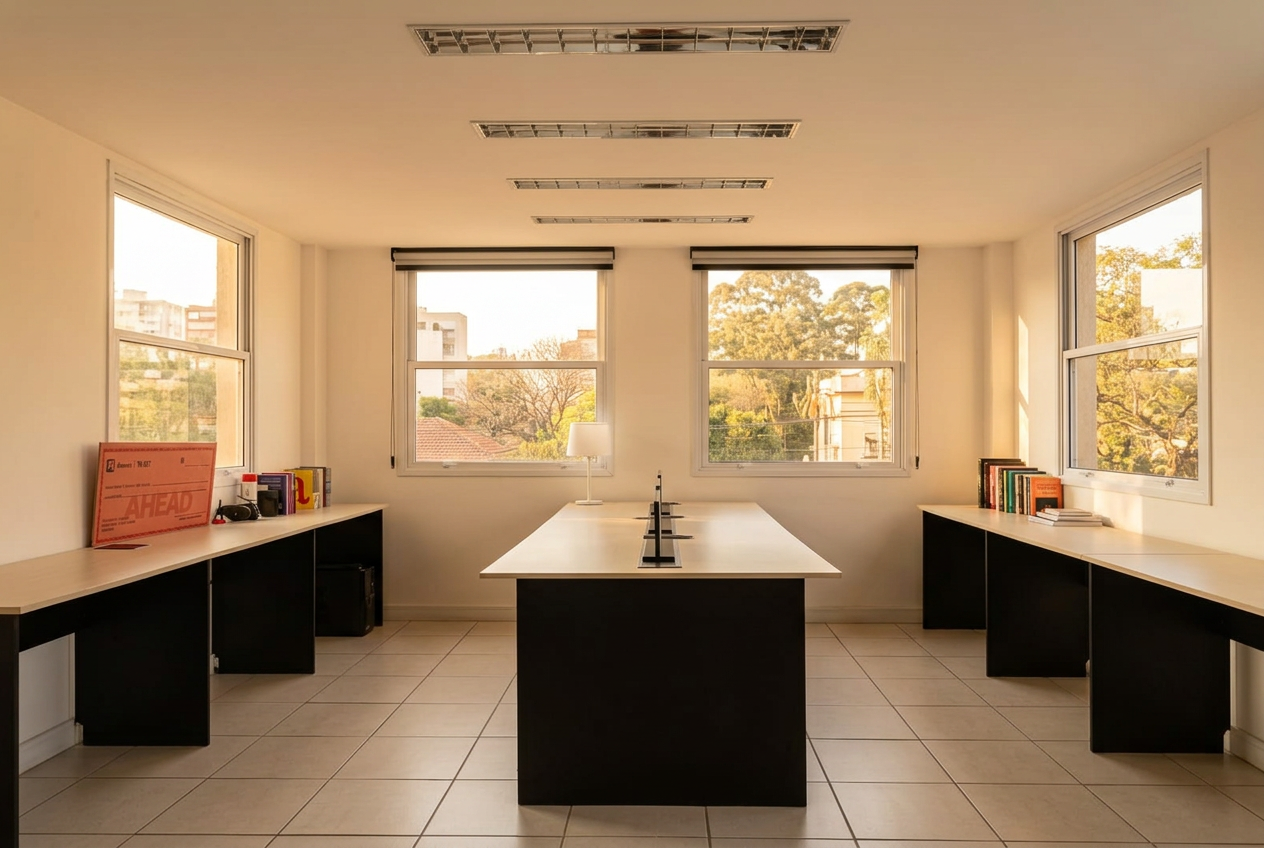 Sala com mesas de trabalho iluminada por luz natural
