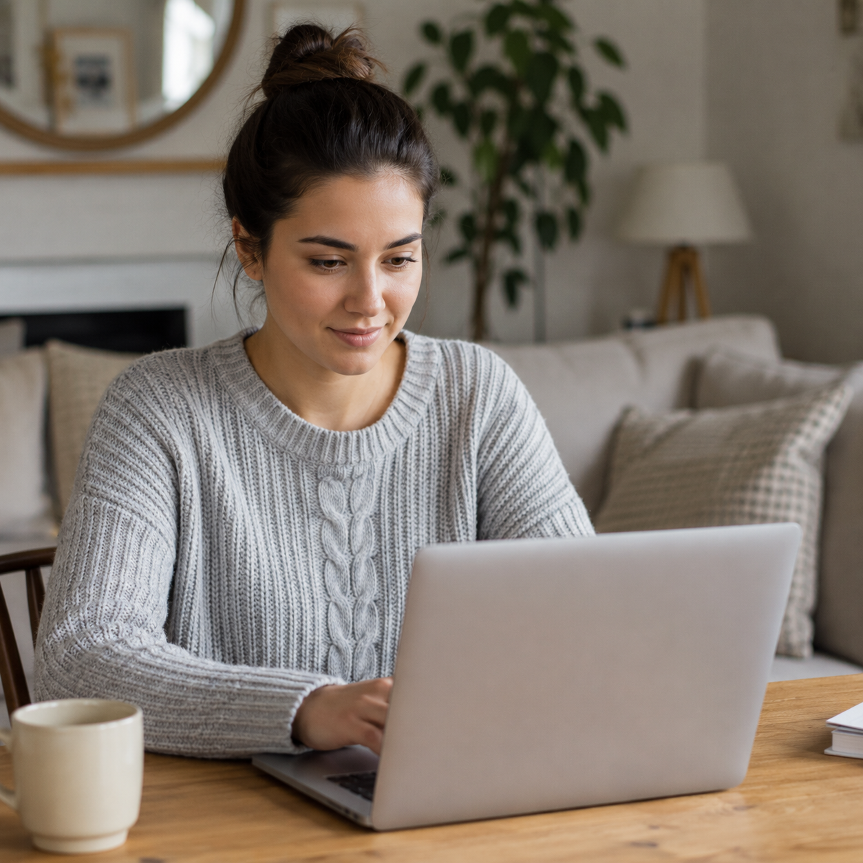 Mulher usando notebook na mesa da sala de casa