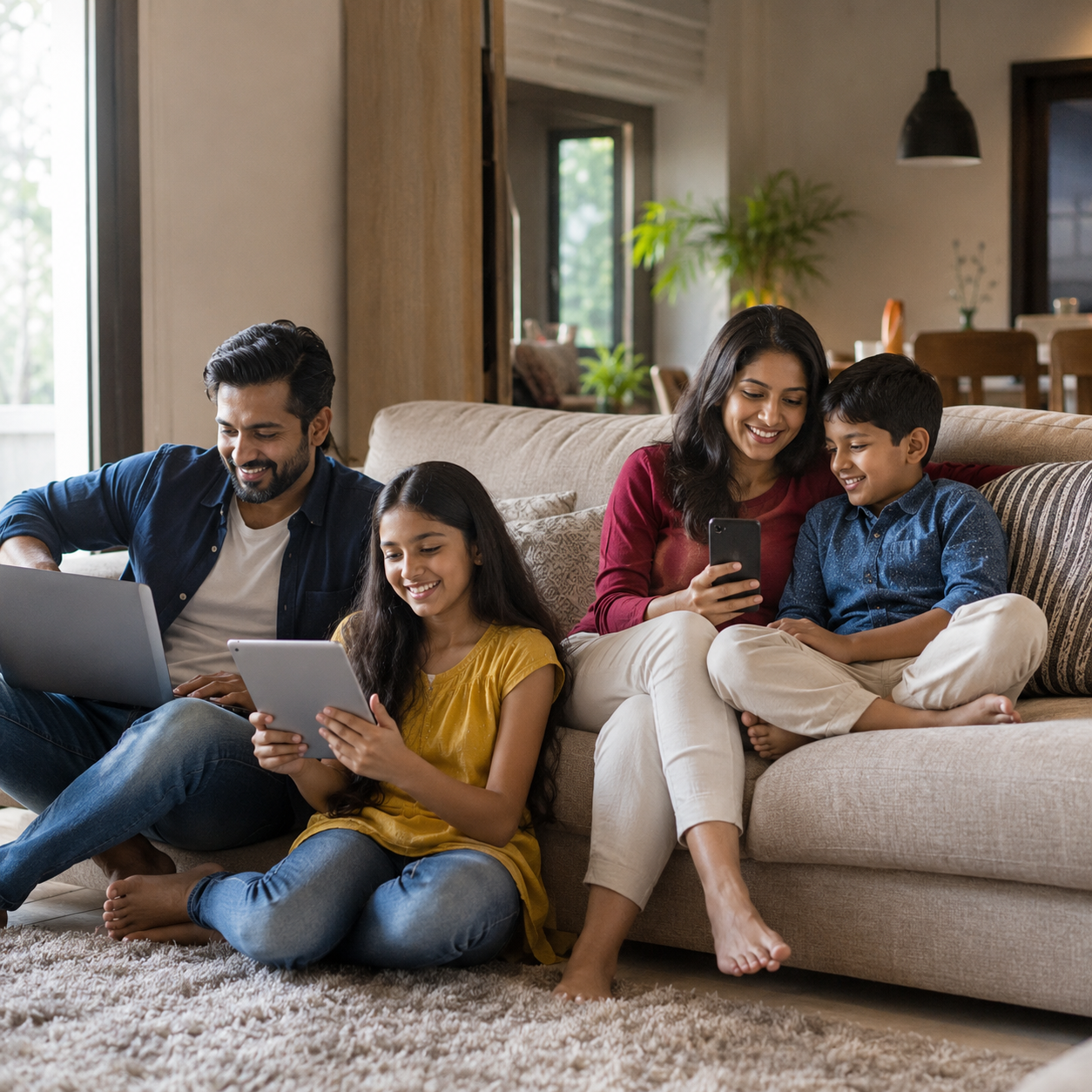 Família na sala usando notebook, tablet e celular ao mesmo tempo