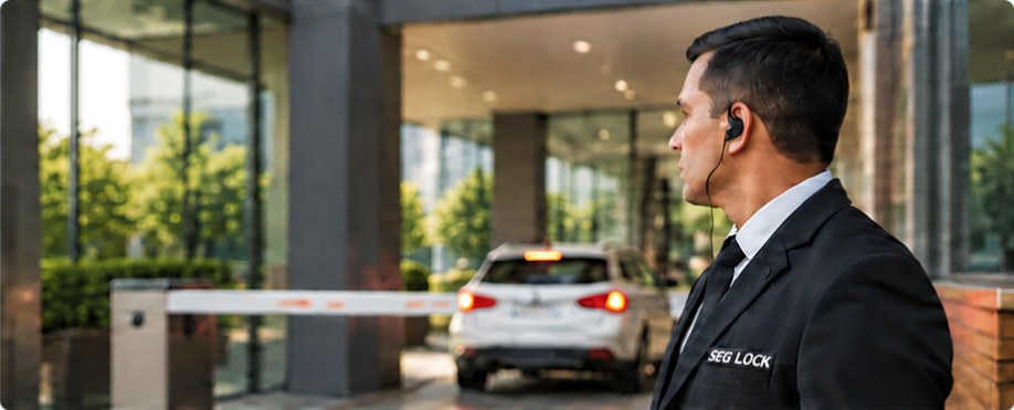 Controlador de acesso acompanhando entrada de veículo em edifício